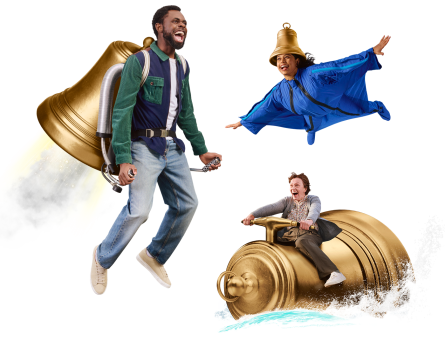 Men and women riding and flying with different bells