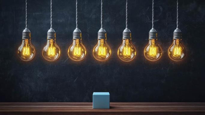 A row of seven lightbulbs