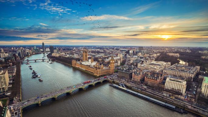 Aerial view of central London including Houses of Parliament