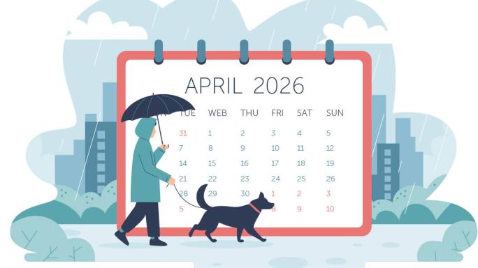 Animation of woman walking a dog in front of calendar