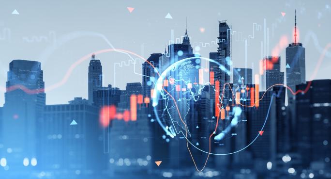 City skyline with chart overlaid