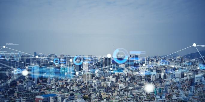 Image of skyline with chart over it
