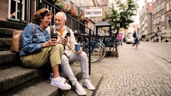 Retired couple having coffee