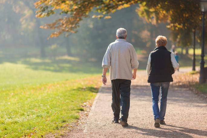 Older couple walking in the park