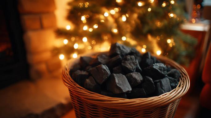 bucket of coal next to christmas tree