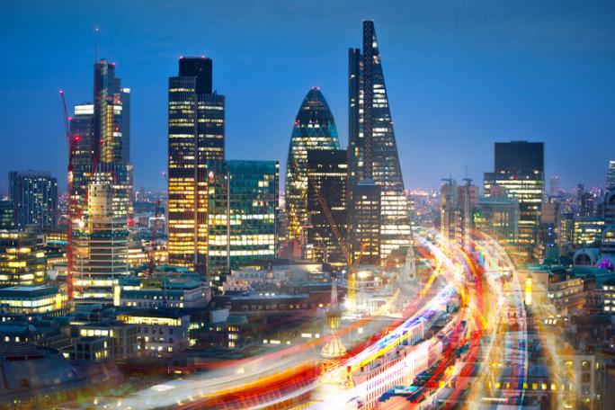 city of london at night with blurred lights