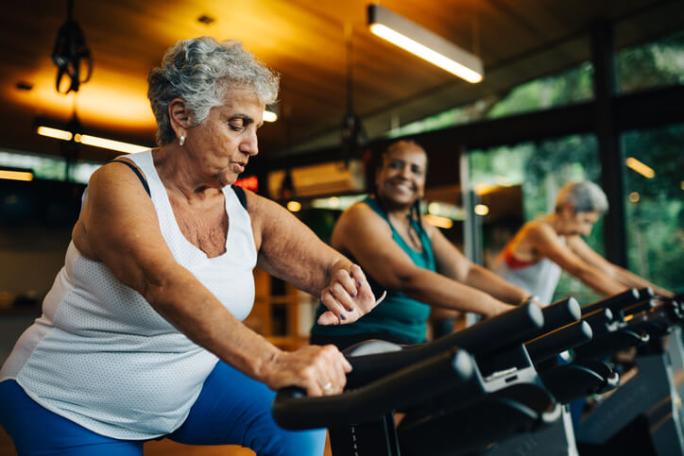 group of mature women in exercise class