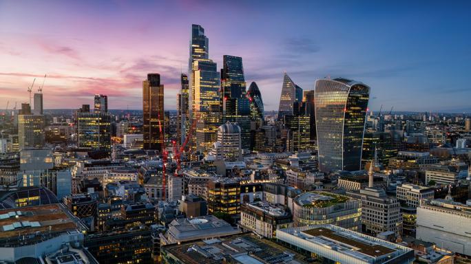 skyscrapers in london at sunset