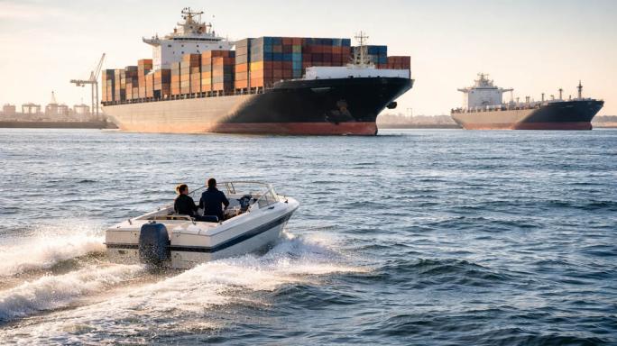 A speed boat moving towards two freighters