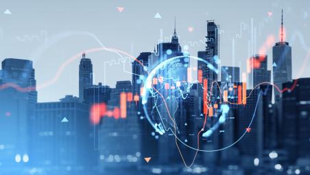 City skyline with chart overlaid