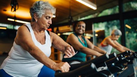 group of mature women in exercise class