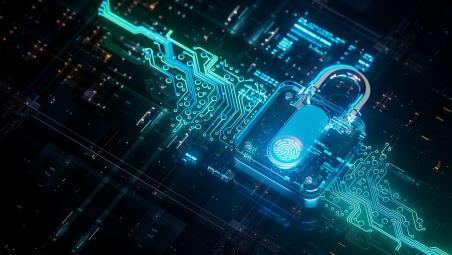 padlock over light up wires inside a computer to symbolise cyber security