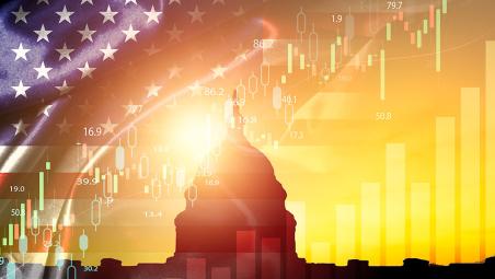 The United States Capitol with American flag superimposed with a graph