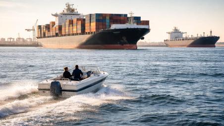 A speed boat moving towards two freighters