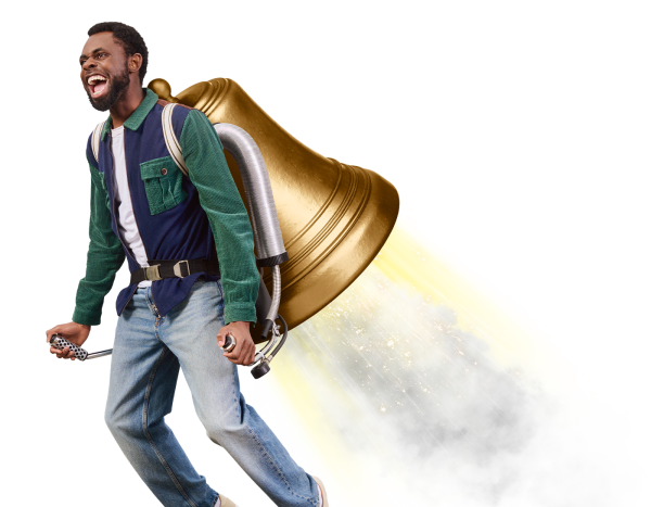 Man flying with a jet pack shaped like a bell